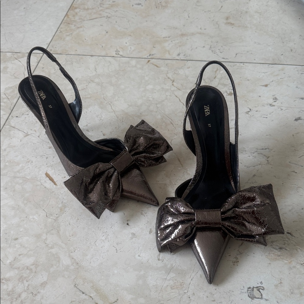 Zara Shiny Metallic Bow Slingback Heels